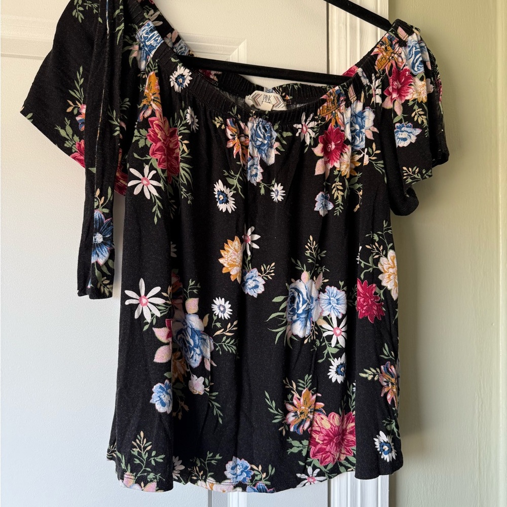 Pink Rose Floral Off-Shoulder Blouse - Black Multi